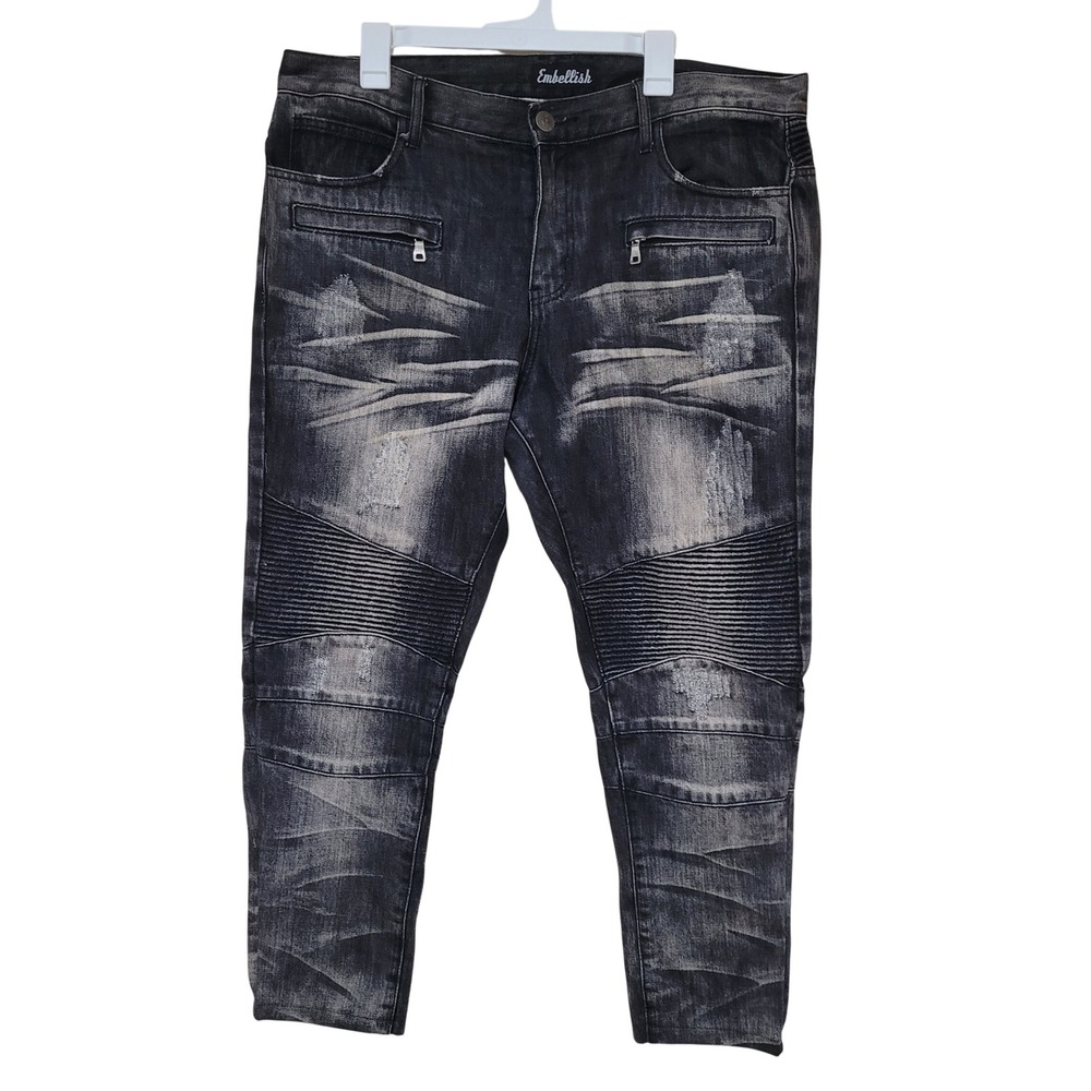Embellish Mens Distressed Moto Denim Jeans Black Size 38 Biker Grunge fitted y2k